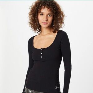 Guess Karlee jewel long sleeve ribbed Henley - Black NWT